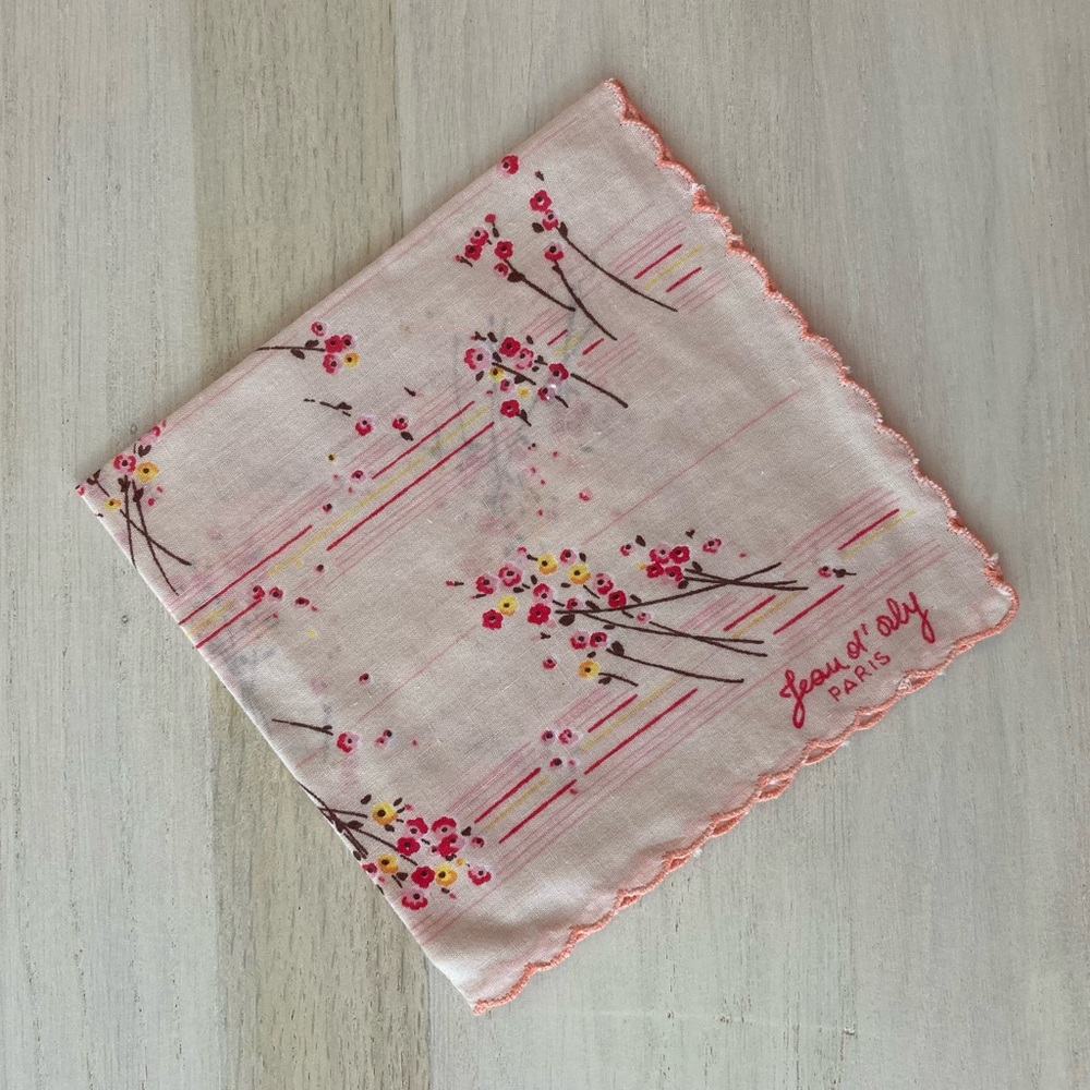 Jean d ‘orly Paris Signed Floral Handkerchief Pink Hanky